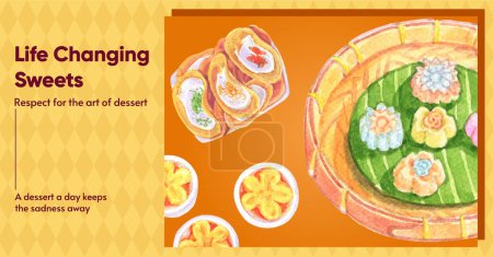 Téléchargez les photos : Modèle de message Facebook avec concept de dessert thaïlandais, aquarelle styl - en image libre de droit