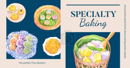 Ilustración de Facebook post template with Thai dessert concept,watercolor styl - Imagen libre de derechos