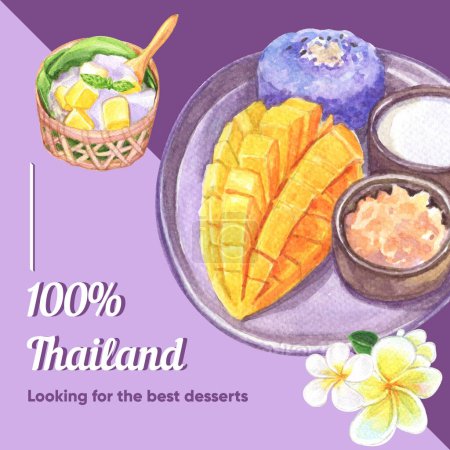 Téléchargez les photos : Instagram post template avec concept de dessert thaïlandais, aquarelle styl - en image libre de droit