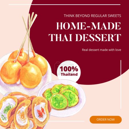 Téléchargez les photos : Instagram post template avec concept de dessert thaïlandais, aquarelle styl - en image libre de droit