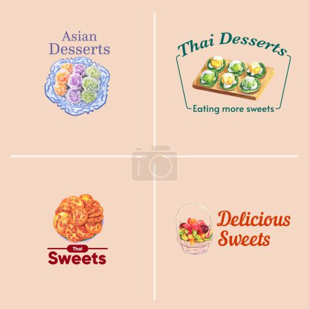 Téléchargez les photos : Modèle de logo avec concept de dessert thaïlandais, aquarelle styl - en image libre de droit