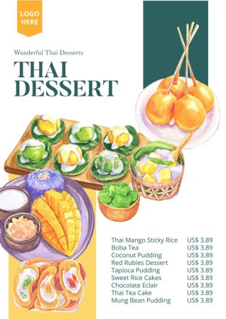 Téléchargez les photos : Modèle de menu avec concept de dessert thaïlandais, aquarelle styl - en image libre de droit