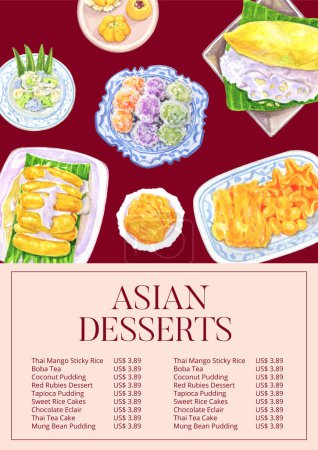 Téléchargez les photos : Modèle de menu avec concept de dessert thaïlandais, aquarelle styl - en image libre de droit