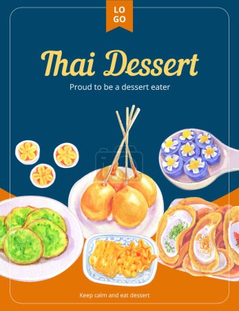 Téléchargez les photos : Modèle d'affiche avec concept de dessert thaïlandais, aquarelle styl - en image libre de droit