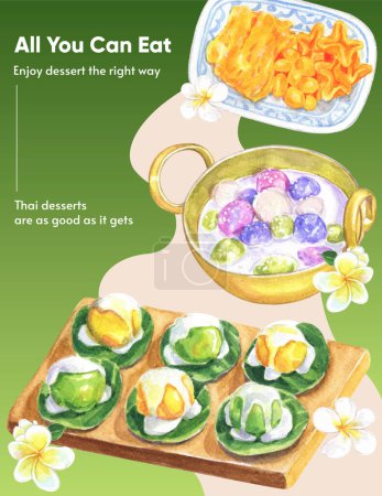Ilustración de Plantilla de póster con concepto de postre tailandés, estilo acuarela - Imagen libre de derechos