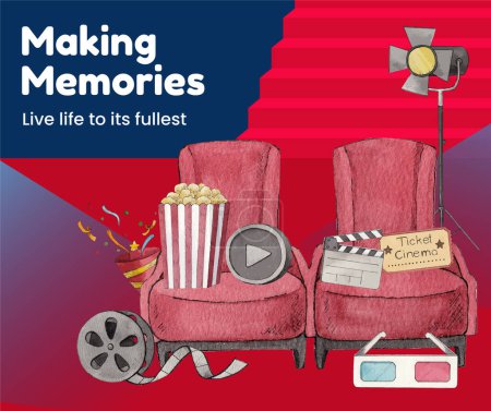 Illustration for Facebook post template with movie night cinema concept,watercolor styl - Royalty Free Image