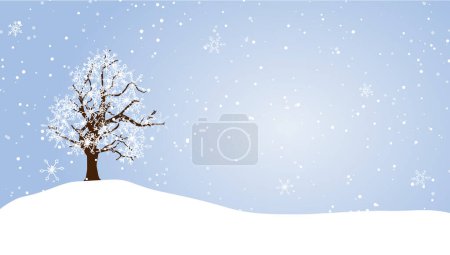 Illustration for Winter landscape illustration. Abandoned tree in snowy nature, snowfall. Merry Christmas and Happy New Year card. - Royalty Free Image