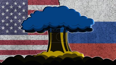 Photo for Russia vs USA, the flags of the two countries on a wall, in the center the explosion of a nuclear bomb with the flag of Ukraine - Royalty Free Image
