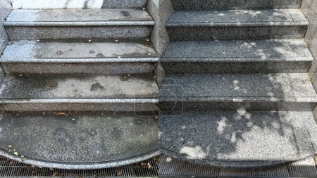 Photo for Before and after, washing and cleaning of an external non-slip gray granite staircase - Royalty Free Image