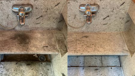 Photo for Before and after, removal of old dirt in a bathroom with Japanese green stone - Royalty Free Image