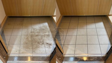 Photo for Before and after, cleaning of the dirty ceramic tiles at a house entrance - Royalty Free Image