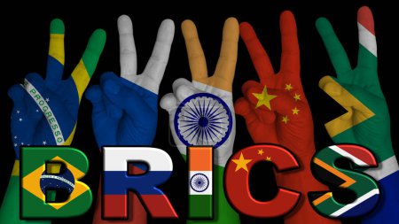 BRICS 5 Hands in victory sign with flags of member countries, on a black background