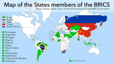 Photo for Map of the BRICS member states Brazil, Russia, India, China, South Africa, and Future Member Countries - Royalty Free Image