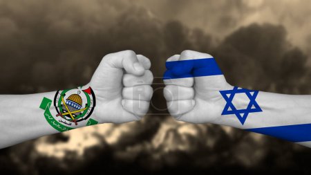 Photo for Israel against Hamas, two fists clash in the conflict - Royalty Free Image