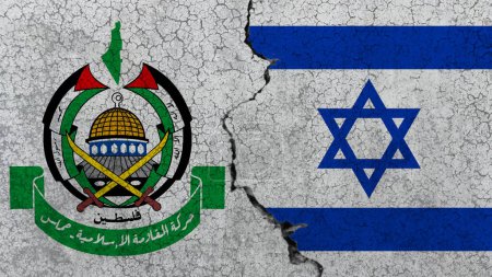 Photo for Israel against Hamas, the conflict between Palestinians and Israelis. The flags of the two countries on the background of a concrete wall - Royalty Free Image