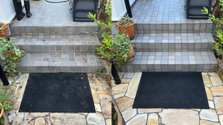Photo for Before and after, cleaning on an old external natural marble floor - Royalty Free Image
