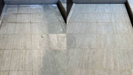 Photo for Before and after, cleaning and restoration of an old beige marble exterior - Royalty Free Image