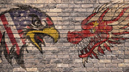 Photo for USA versus China, the American eagle and the Chinese dragon, with the flags of both countries in the background - Royalty Free Image