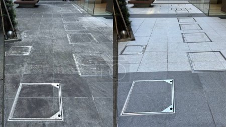 Photo for Before and after, cleaning on an old external natural granite floor - Royalty Free Image