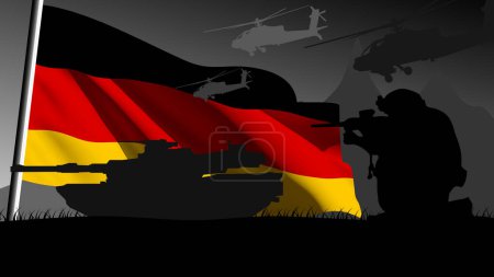 Photo for Germany is ready to enter into war, silhouette of military vehicles with the country's flag waving - Royalty Free Image