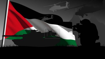 Palestine is ready to enter into war, silhouette of military vehicles with the country's flag waving