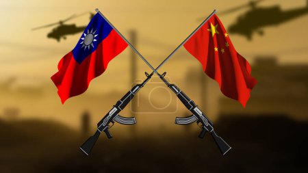 China versus Taiwan, two crossed rifles with the flags of the two countries, against a blurred background of a war zone