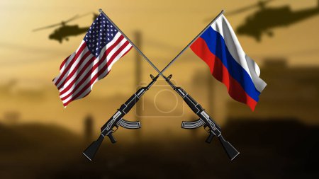 Russia versus USA, two crossed rifles with the flags of the two countries, against a blurred background of a war zone