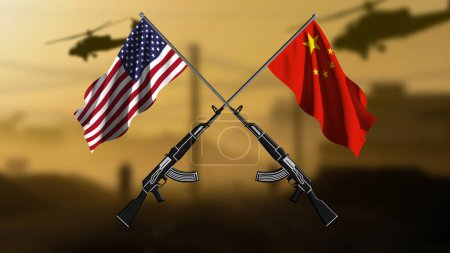 China versus USA, two crossed rifles with the flags of the two countries, against a blurred background of a war zone