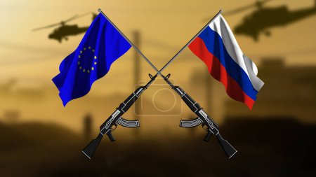 Russia versus Europe, two crossed rifles with the flags of the two countries, against a blurred background of a war zone