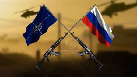 Russia versus Nato, two crossed rifles with the flags of the two countries, against a blurred background of a war zone