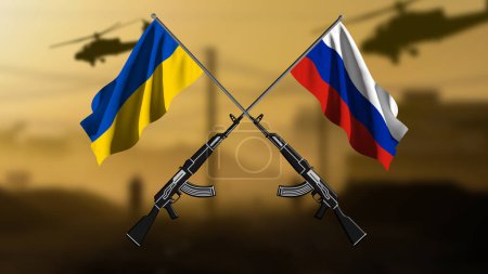 Russland gegen Ukraine, zwei gekreuzte Gewehre mit den Flaggen der beiden Länder, vor dem verschwommenen Hintergrund eines Kriegsgebietes