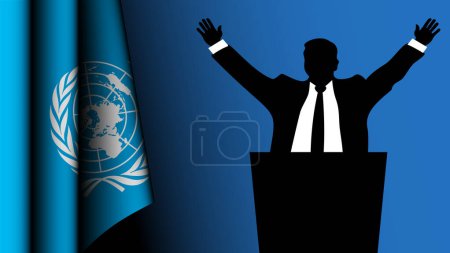 Photo for The silhouette of a politician raises his arms in a gesture of victory, with the United Nations flag on the left - Royalty Free Image