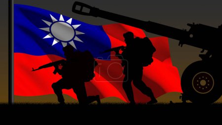 Photo for Silhouette of two soldiers and a war cannon, with the Taiwanese flag in the background - Royalty Free Image