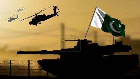 Photo for The silhouette of a tank in a war zone with the Pakistan flag, helicopters flying in the background - Royalty Free Image