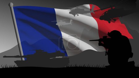 Photo for France prepares for war, the silhouette of a war zone with the large flag of the country in the background - Royalty Free Image