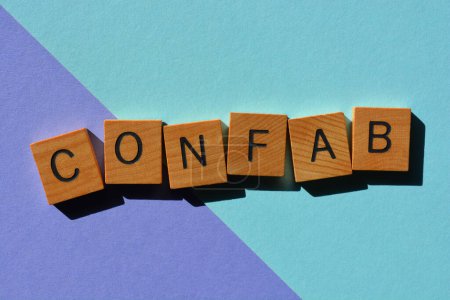 Photo for Confab, an informal private conversation, word in wooden alphabet letters isolated on blue background - Royalty Free Image