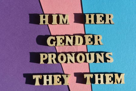 Photo for Gender  Pronouns, Hime, Her, They, Them, words in wooden alphabet letters isolated on background - Royalty Free Image