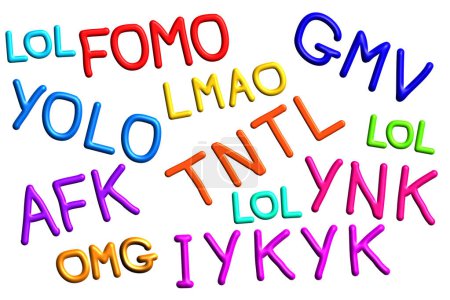 Photo for Acronyms including IYKYK, If You Know You Know and GMV, Gets My Vote, in colourful hand drawn lettering isolated on background - Royalty Free Image