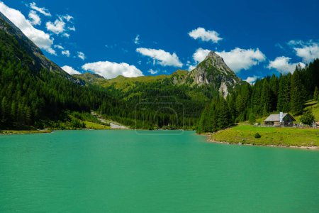 Foto de Lago de montaña Schlierersee, Lungau Austria en pinos. Agua verde transparente del lago en el fondo del cielo azul. Hermoso paisaje de montaña y lago - Imagen libre de derechos