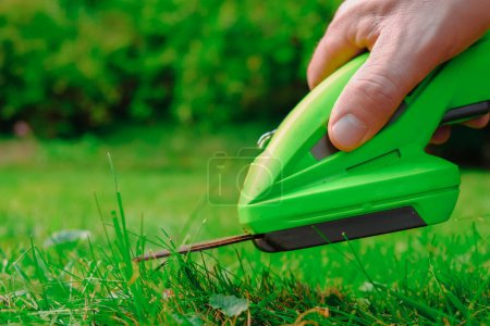 Der elektrische Trimmer in der Hand eines Mannes schneidet in Großaufnahme das Gras. Prozess des Rasenmähens aus nächster Nähe. Gartengeräte und Werkzeuge.