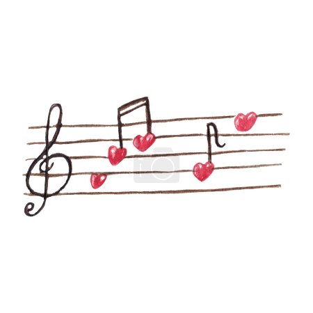 Téléchargez les photos : Watercolor musical notation with heart shaped notes. Hand drawn watercolour music symbols for Valentines day, print, card, sticker. - en image libre de droit