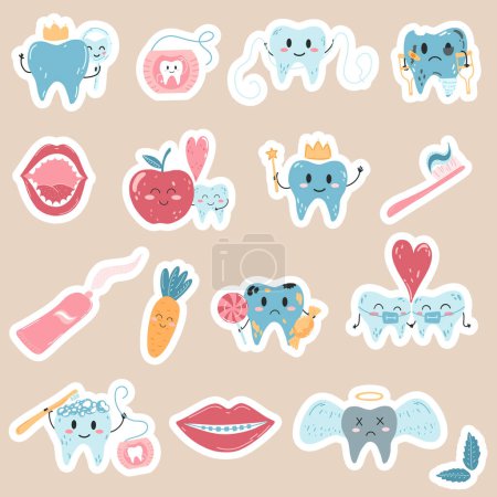 Hand drawn stickers with kawaii teeth characters in cartoon flat style. Vector illustration of healthy and sick tooth.