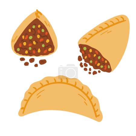 Empanadas dans le style plat de dessin animé. Illustration vectorielle dessinée à la main de la cuisine traditionnelle latino-américaine, cuisine populaire.