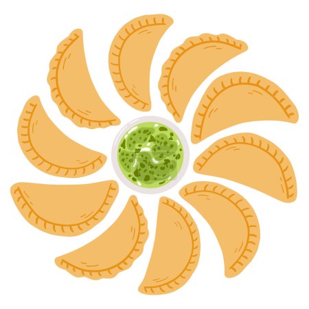 Ilustración de Empanadas en estilo plano de dibujos animados. Ilustración vectorial dibujada a mano de la comida tradicional latinoamericana, cocina popular. - Imagen libre de derechos