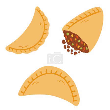 Illustration for Empanadas in cartoon flat style. Hand drawn vector illustration of traditional Latino America food, folk cuisine. - Royalty Free Image