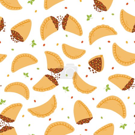 Illustration for Seamless pattern with empanadas in cartoon flat style. Hand drawn vector background with traditional Latino America food, folk cuisine. - Royalty Free Image