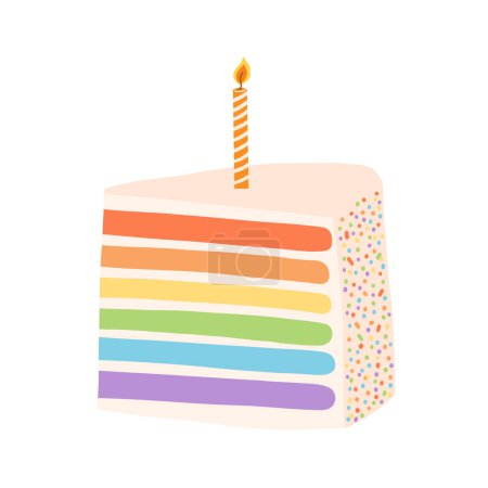 Hand drawn rainbow birthday cake with candle in cartoon flat style. Vector illustration of sweet dessert, design element for card, invitation, sticker.