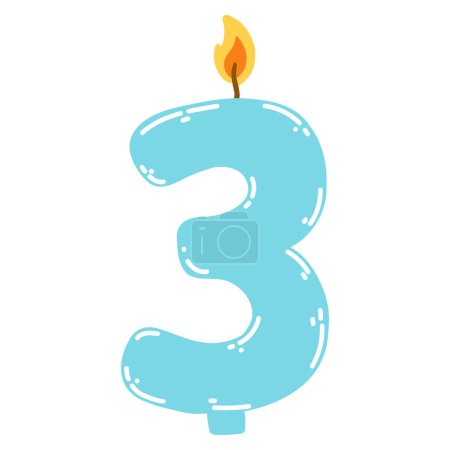 Téléchargez les illustrations : Candle number three in flat style. Hand drawn vector illustration of 3 symbol burning candle, design element for birthday cakes. - en licence libre de droit
