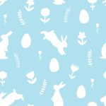 Hand drawn Easter seamless pattern with bunnies, flowers and easter eggs. vector background with silhouettes of animals and plants for wrapping paper, banner, card, textile, print.