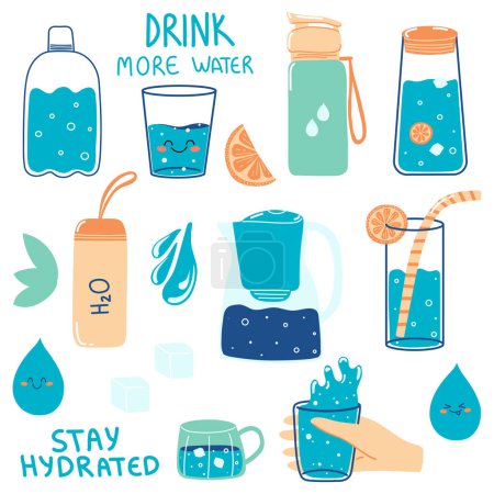 Set of hand drawn glass, bottle with water. Concept of drinking more water, hydration. Cute cartoon elements.
